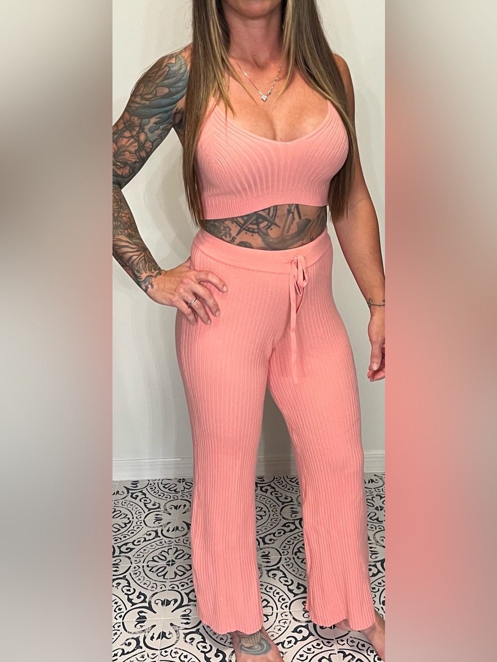 Lovers + Friends Ribbed Wide-Leg Lounge Pants in Peach
